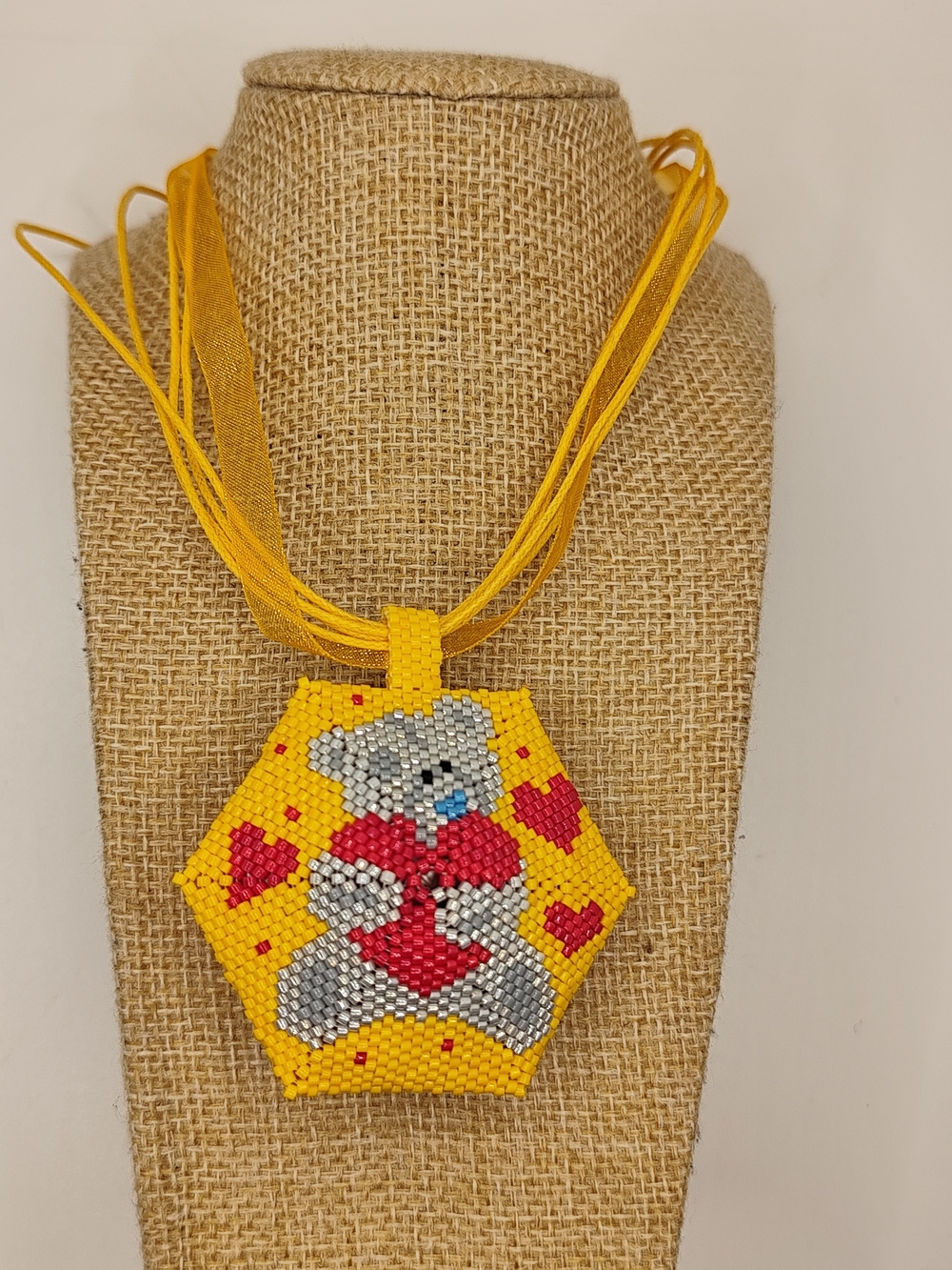 Handmade Beaded  Bear Pendant in Yellow & Red - Picture 7 of 13